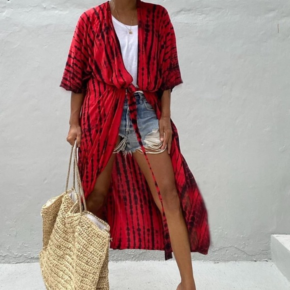 Red Tie Dye Boho Swim Coverup Kimono Robe - Picture 5 of 7